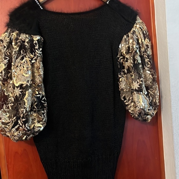 Ann Stuard at Lacosta Sz Small Fur Rhinestone Sequin Evening V-Neck Knit Sweater - Picture 7 of 9